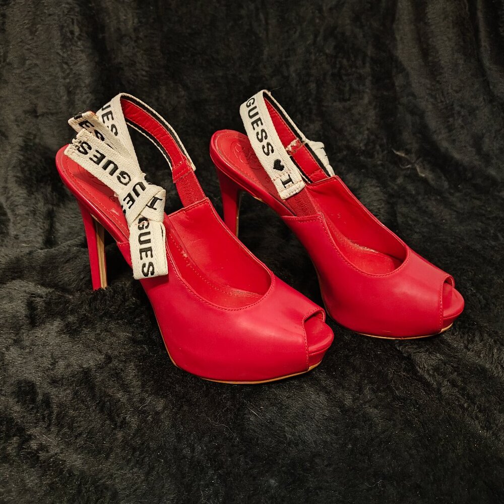 Guess Red Harlem Platform Open Toe Heels Size 5.5